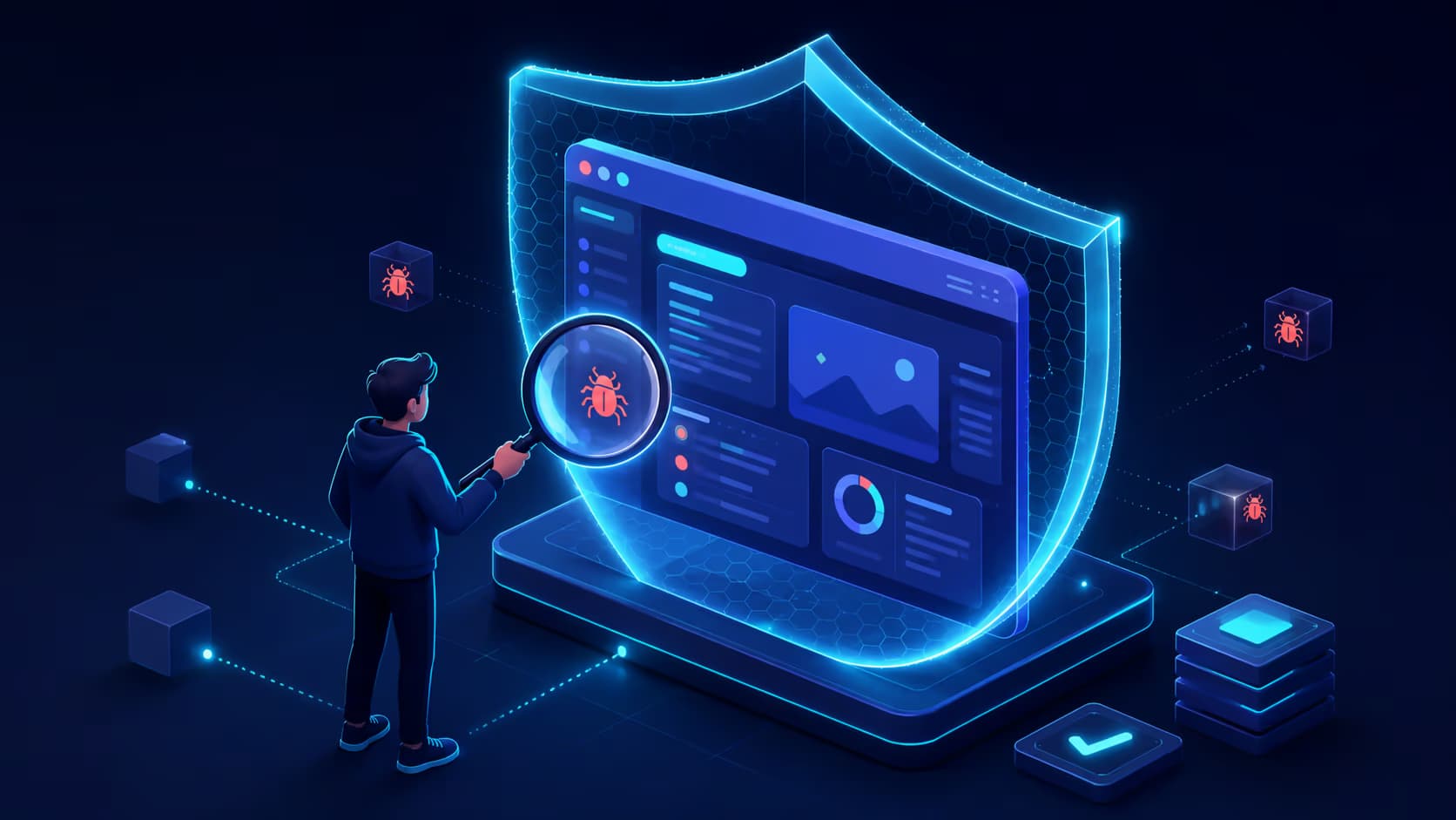 A quality engineer using a magnifying glass to find software defects while a shield protects the application