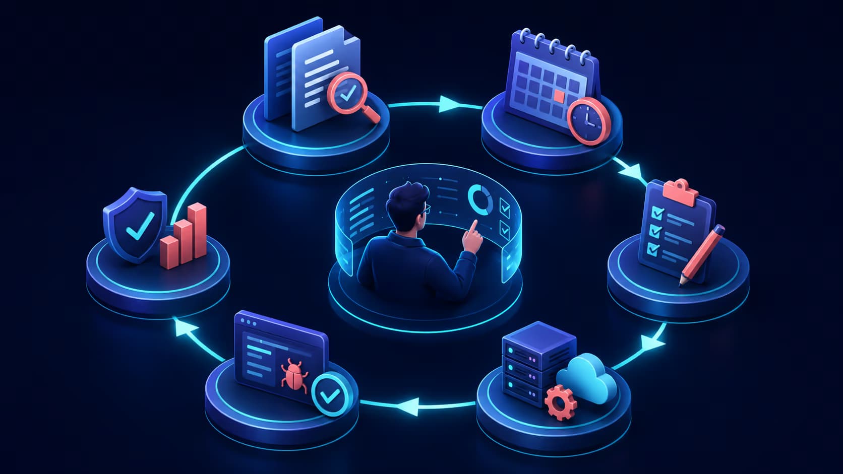 Six connected stages of the software testing life cycle coordinated by a quality engineer