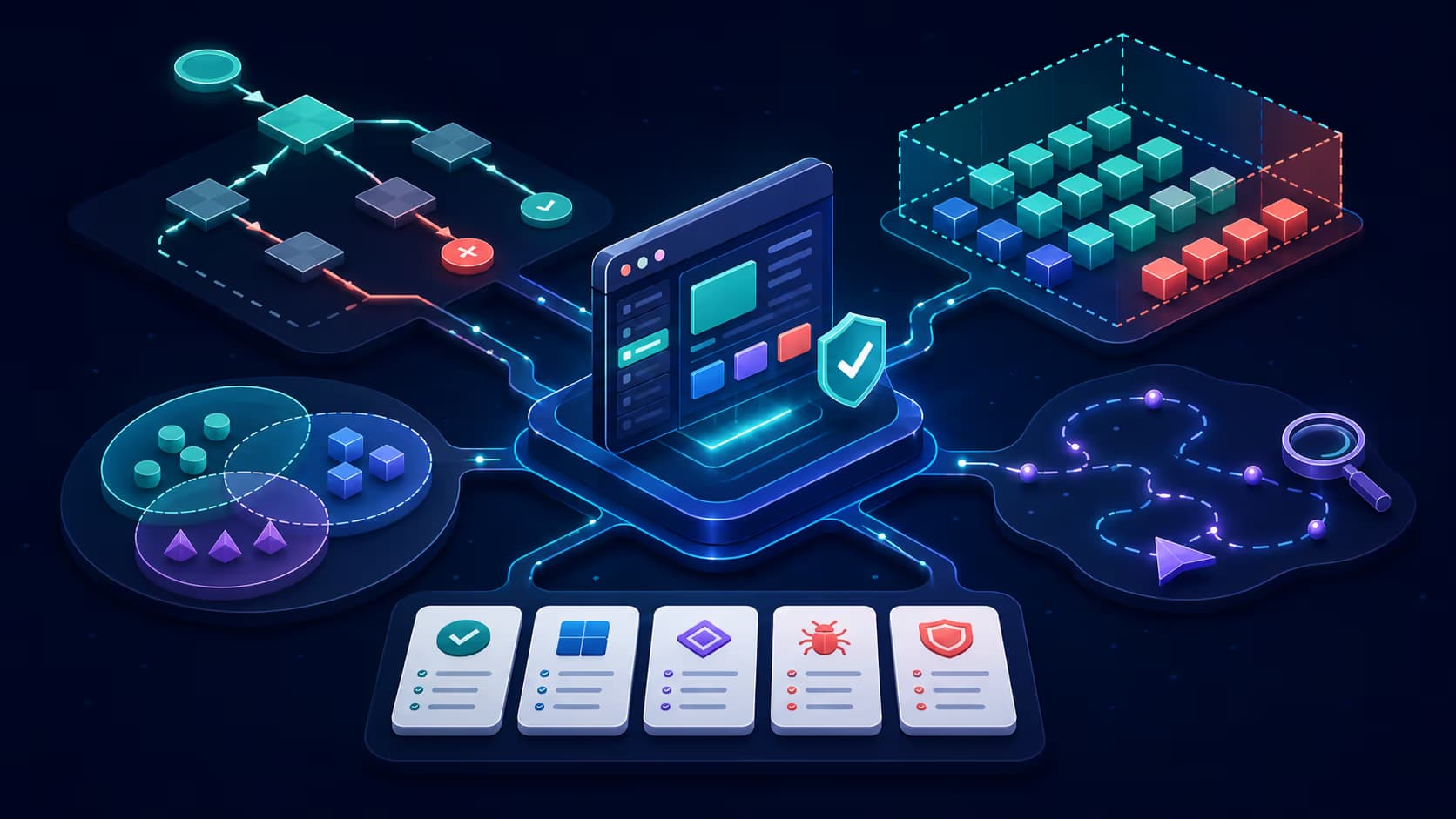 A software application connected to decision paths, equivalence groups, boundary areas, and exploratory routes