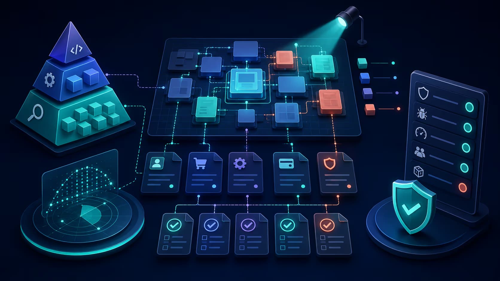 A test pyramid, coverage map, linked requirements, test cases, and release readiness checks