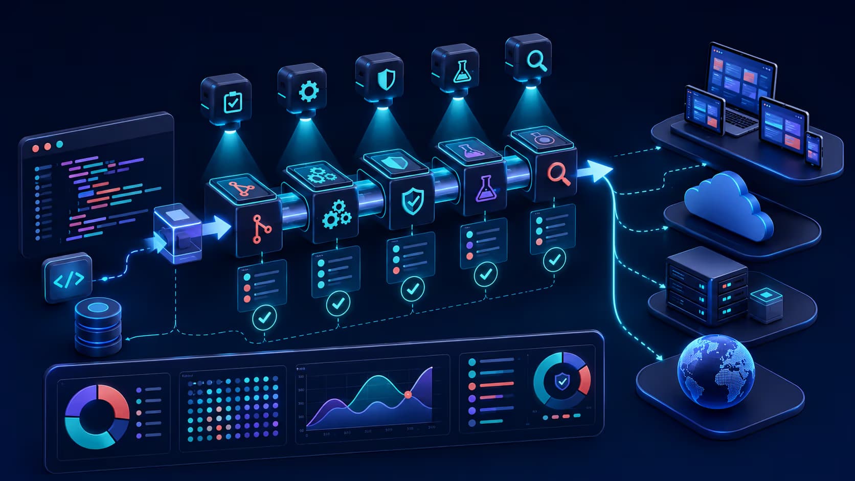 Software changes moving through automated testing tools, CI pipeline stages, devices, and quality dashboards