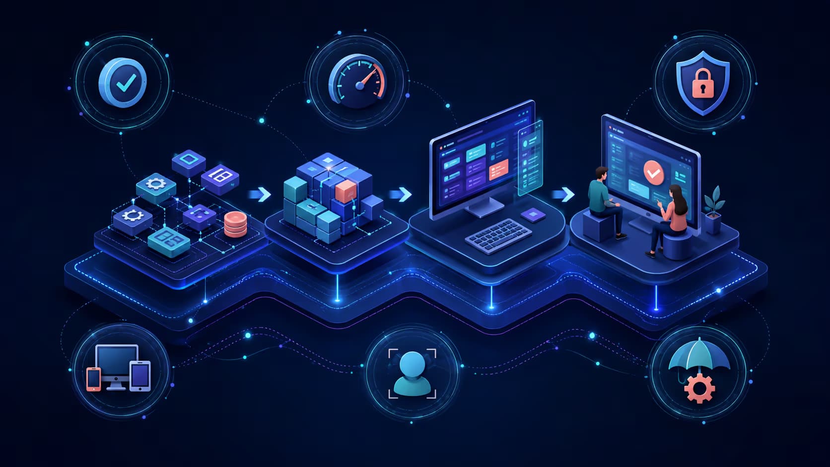 Layered software components progressing from unit checks to integration, system, and user acceptance testing
